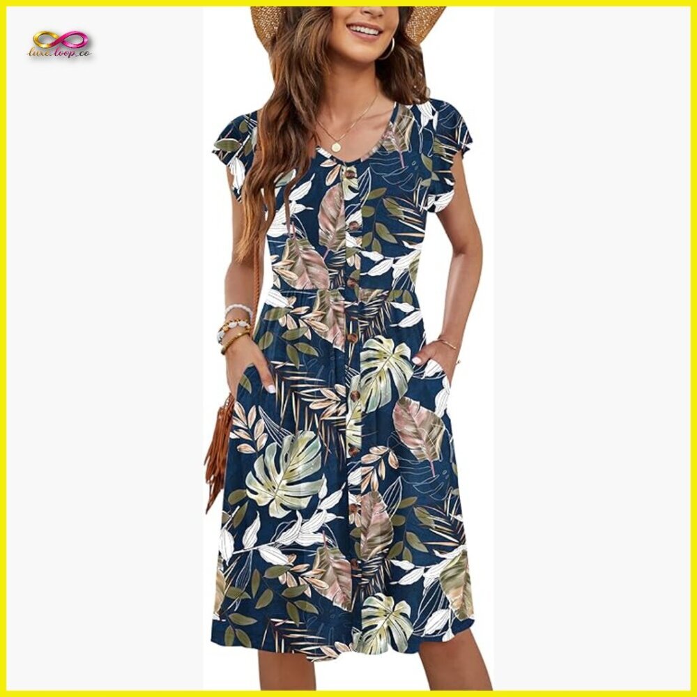 Floral Swing Dress‎ Elegant Boho Casual V-Neck Cap Sleeve Sundress with Pockets